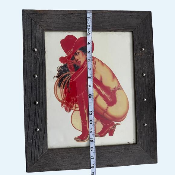 Cowgirl Pin-Up Western Wall Art in Barnwood Frame | Double-Sided Rustic Decor - Picture 9 of 9